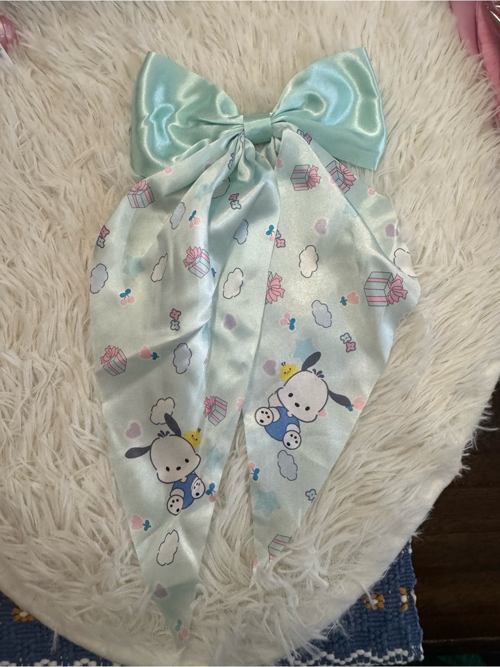 Pochacco Satin coquette Bow Hair pin in Light Aqua with Cute Character Print